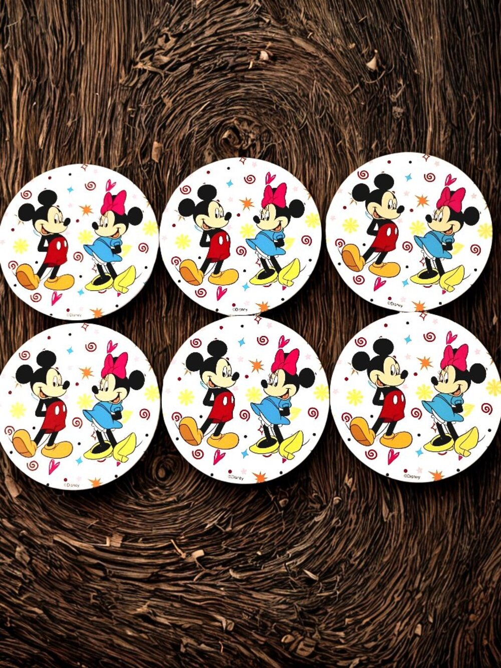 Mickey & Minnie Mouse Cute Colorful  7 Pc Tin & Cork Coaster Set